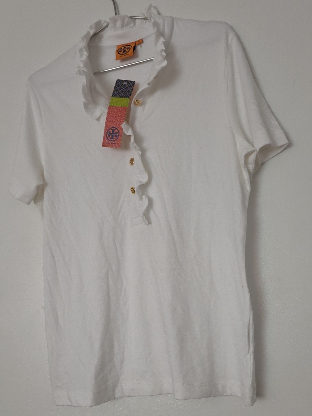 Tory Burch White Ruffle-Trim Short Sleeve Polo